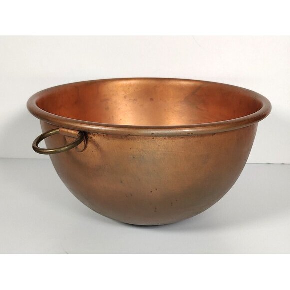 Vintage Large 10" x 5" Round Copper Rolled Edge Mixing Bowl Kitchen w/Brass Ring - Picture 1 of 9
